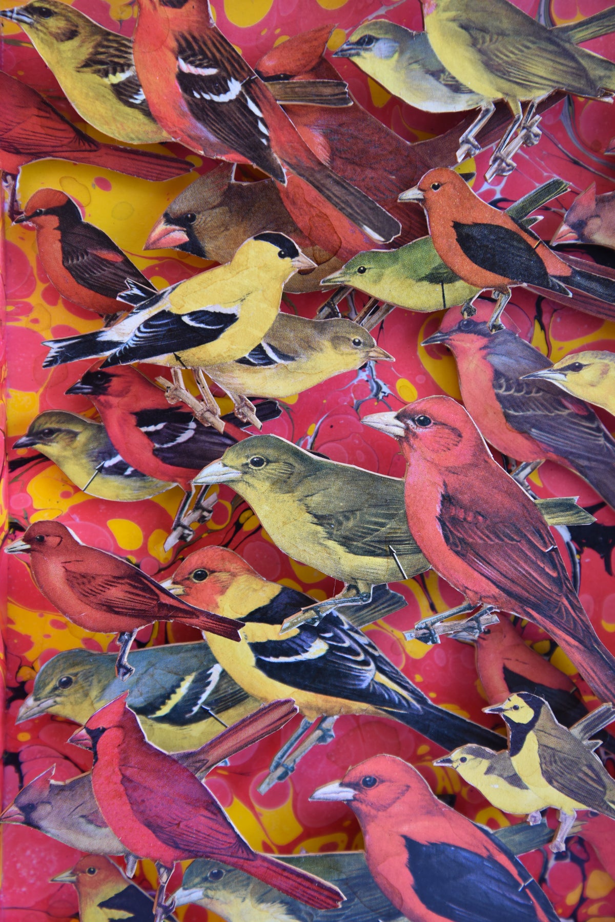 ALTERED BOOK RED AND YELLOW BIRDS